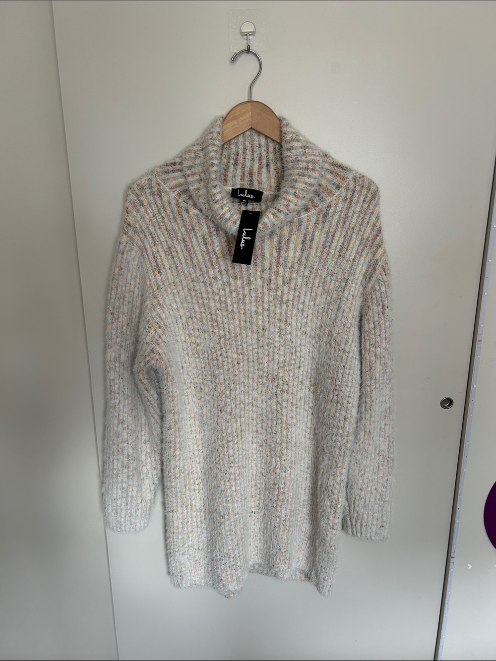 Lulu's Cream Marled Funnel Neck Sweater dress with Multicolor Flecks